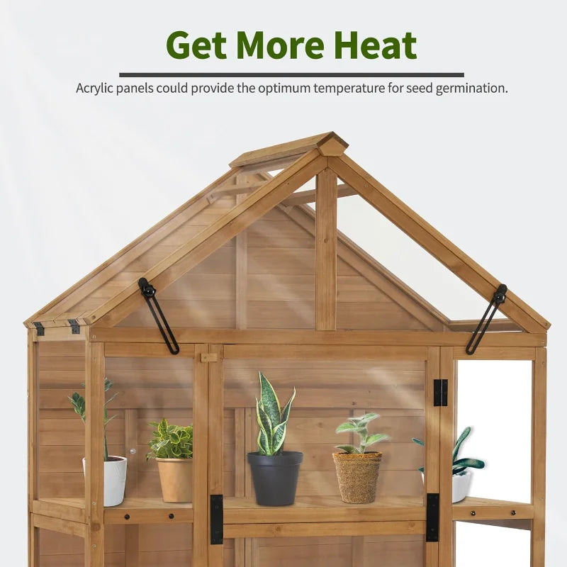 Wooden Greenhouse with Shelves & Hinged Roof | Fir Frame with Acrylic Panels | Outdoor Cold Frame for Seed Starting & Plant Storage