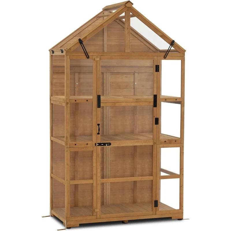 Wooden Greenhouse with Shelves & Hinged Roof | Fir Frame with Acrylic Panels | Outdoor Cold Frame for Seed Starting & Plant Storage