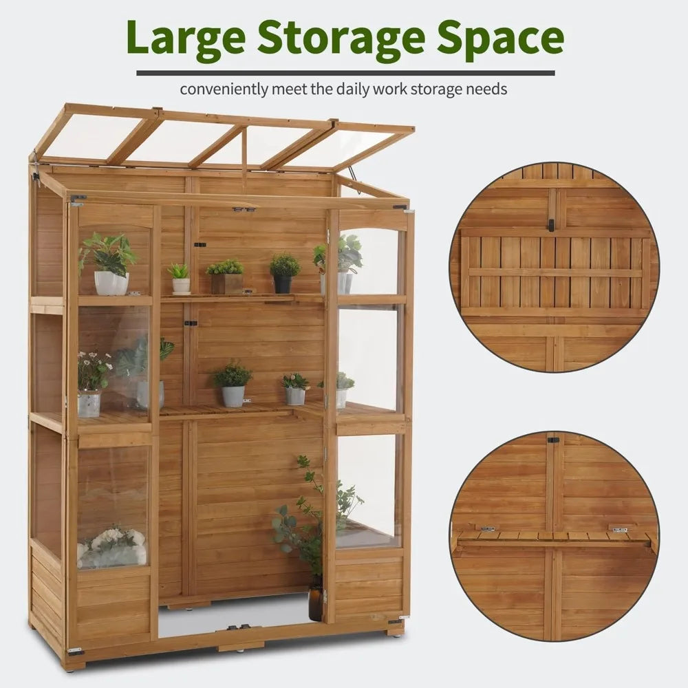 Wooden Greenhouse with Hinged Roof Vent & Adjustable Shelves | Fir Frame with Acrylic Panels | Compact Outdoor Cold Frame for Seed Starting & Plant Storage
