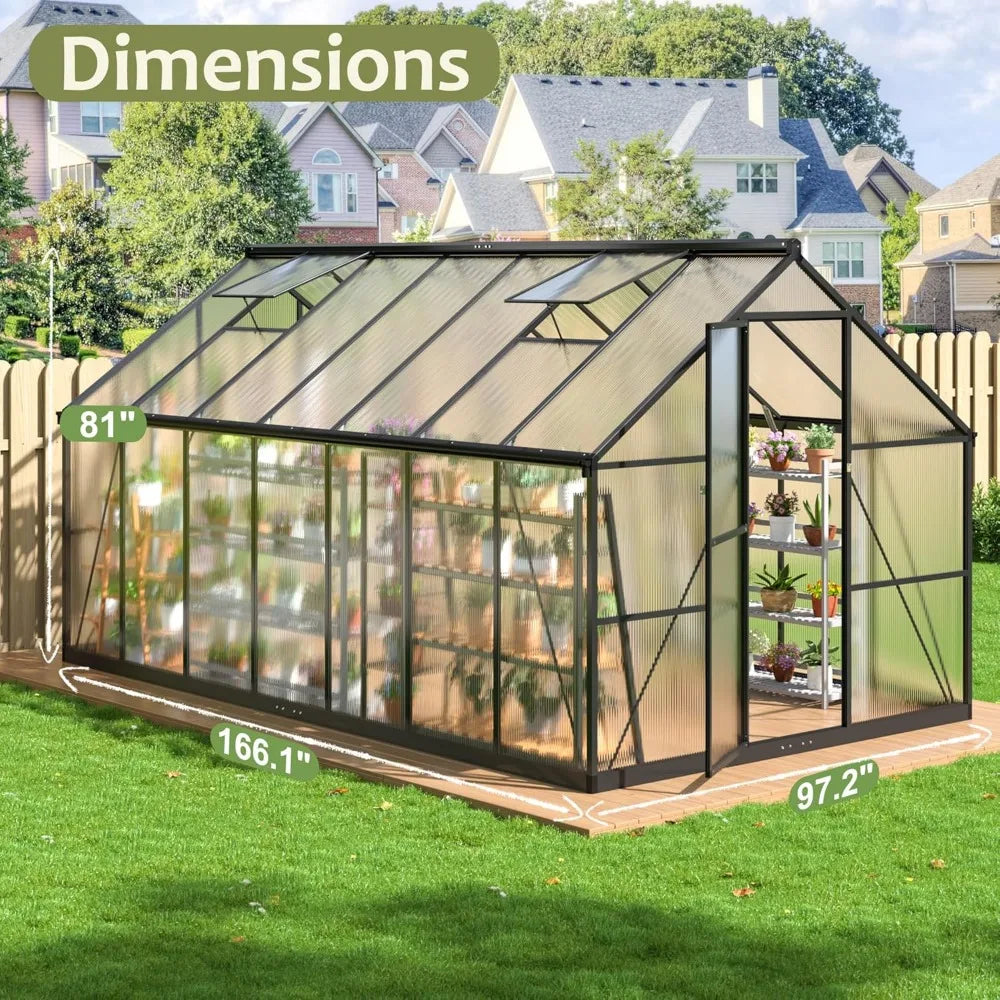 Polycarbonate Greenhouse with Roof Vent | Walk-In Aluminum Frame Structure | Quick Setup | Multiple Sizes