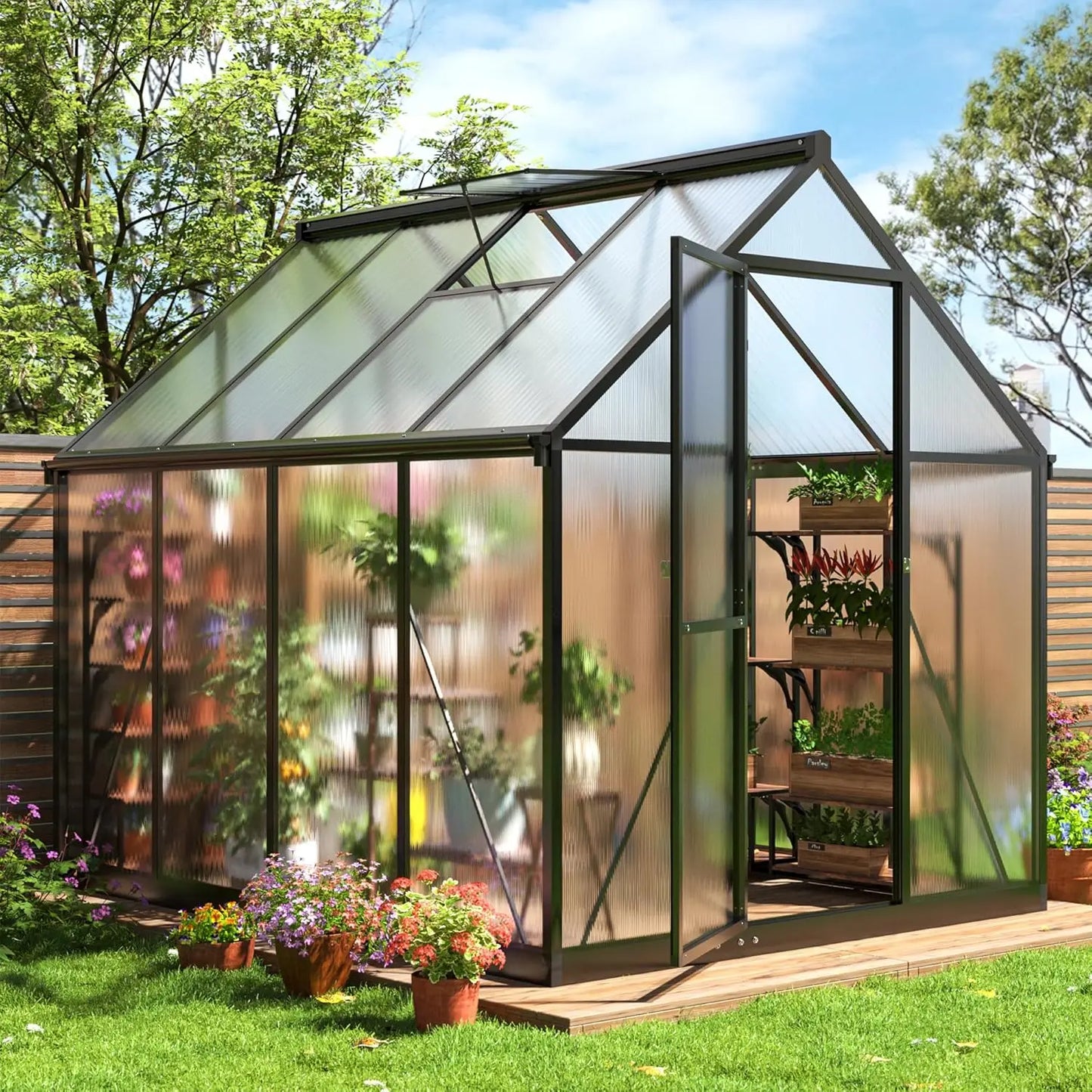 Polycarbonate Greenhouse with Roof Vent | Walk-In Aluminum Frame Structure | Quick Setup | Multiple Sizes