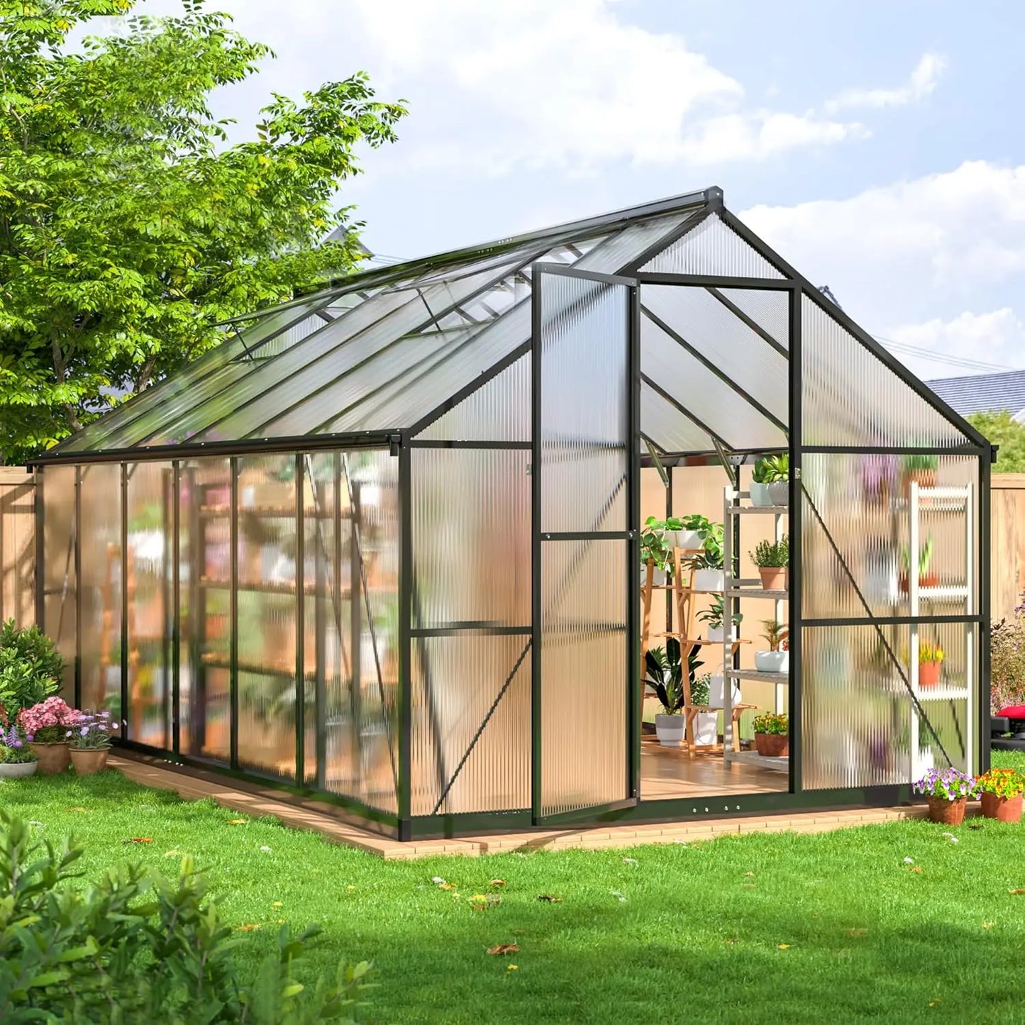 Polycarbonate Greenhouse with Roof Vent | Walk-In Aluminum Frame Structure | Quick Setup | Multiple Sizes
