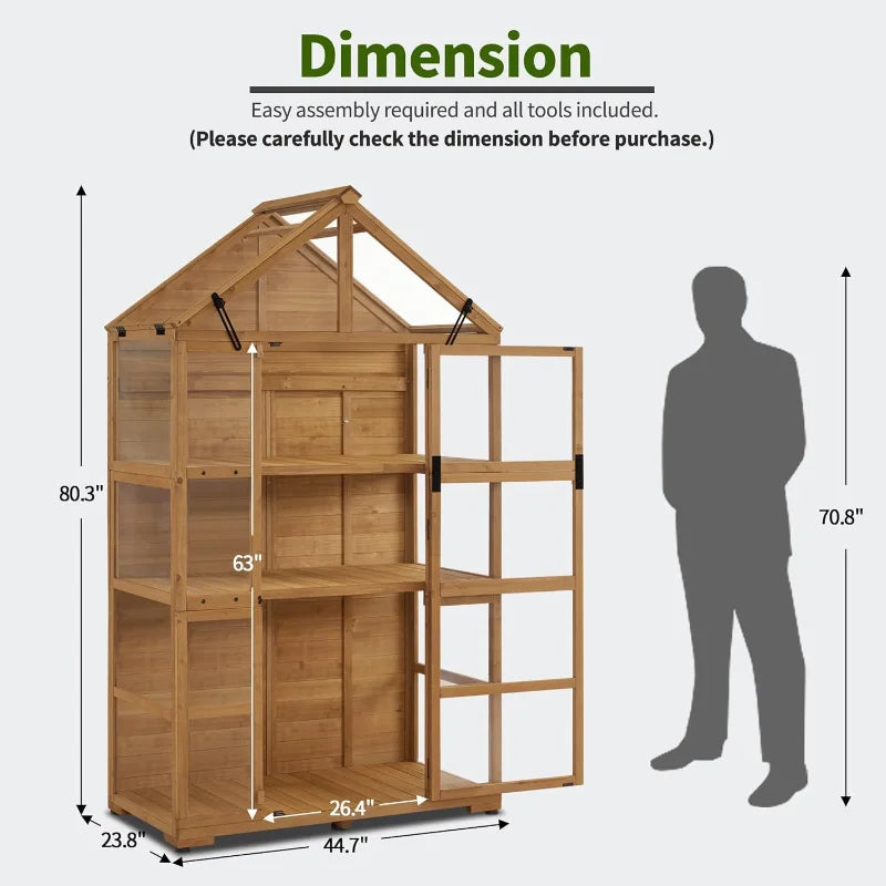 Wooden Greenhouse with Shelves & Hinged Roof | Fir Frame with Acrylic Panels | Outdoor Cold Frame for Seed Starting & Plant Storage