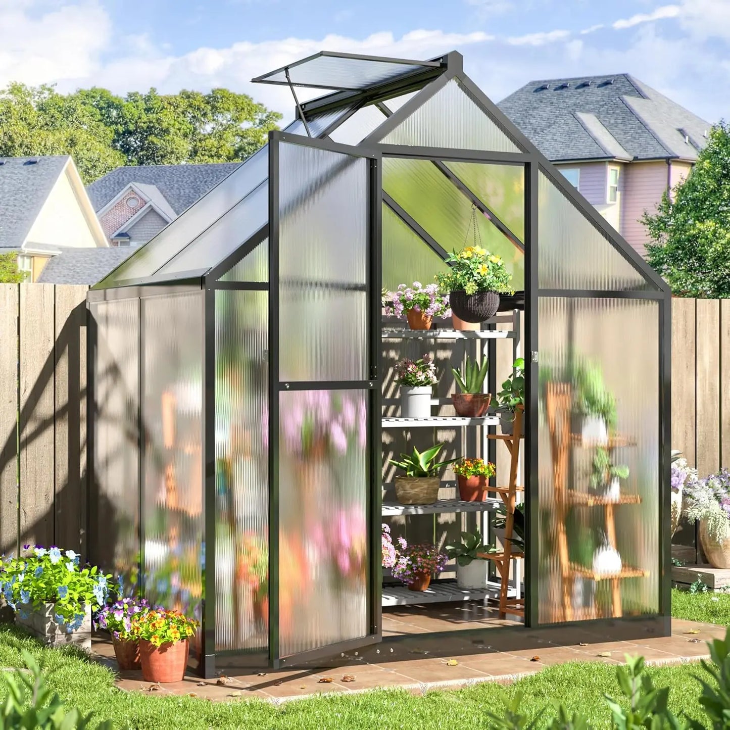 Polycarbonate Greenhouse with Roof Vent | Walk-In Aluminum Frame Structure | Quick Setup | Multiple Sizes