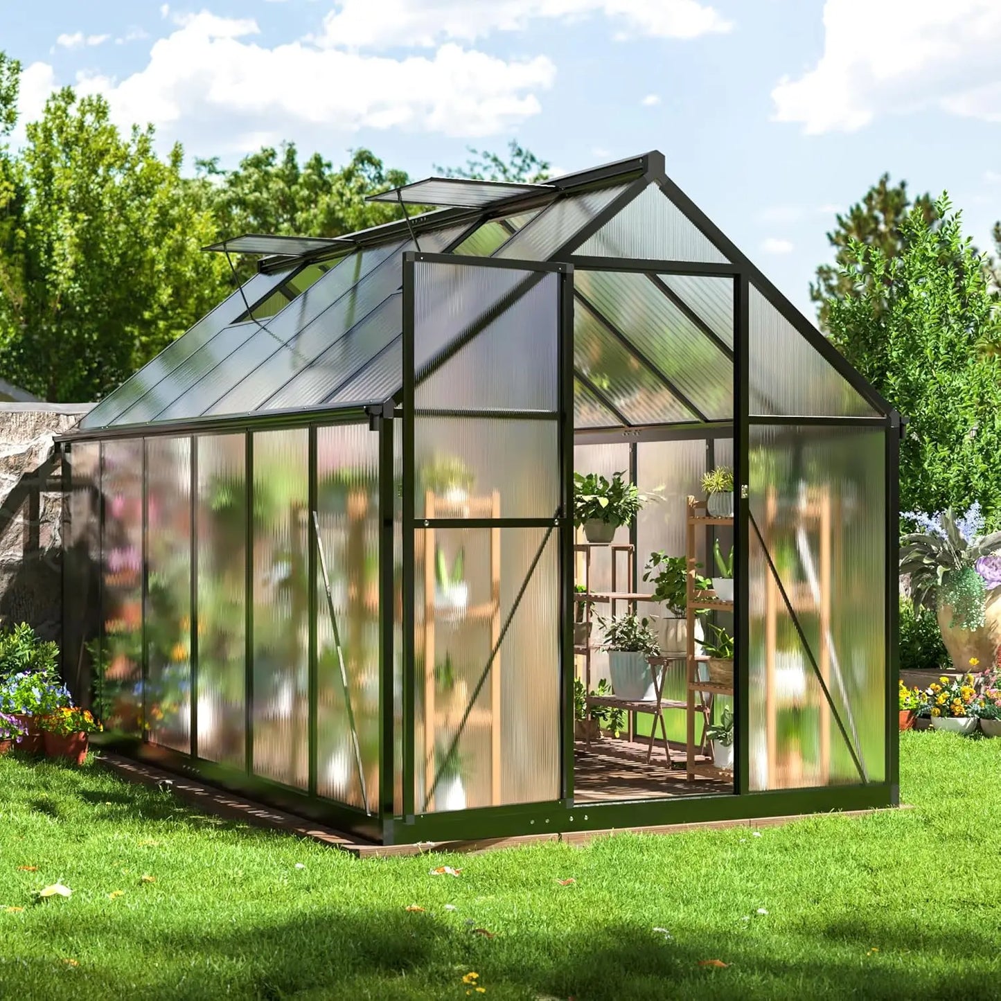Polycarbonate Greenhouse with Roof Vent | Walk-In Aluminum Frame Structure | Quick Setup | Multiple Sizes