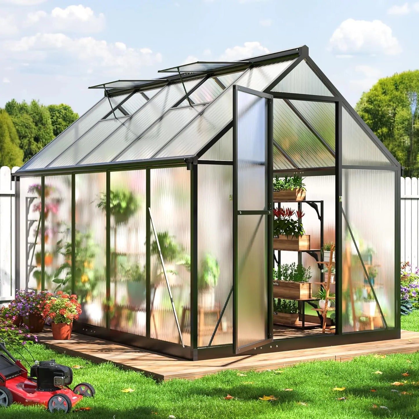 Polycarbonate Greenhouse with Roof Vent | Walk-In Aluminum Frame Structure | Quick Setup | Multiple Sizes