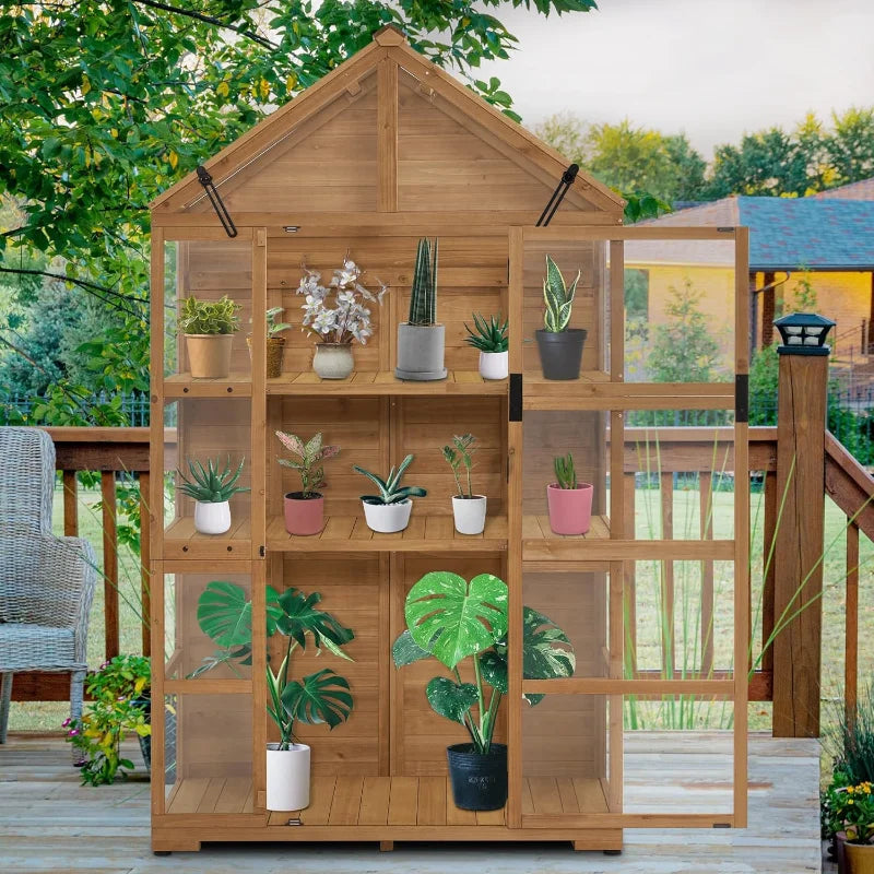 Wooden Greenhouse with Shelves & Hinged Roof | Fir Frame with Acrylic Panels | Outdoor Cold Frame for Seed Starting & Plant Storage