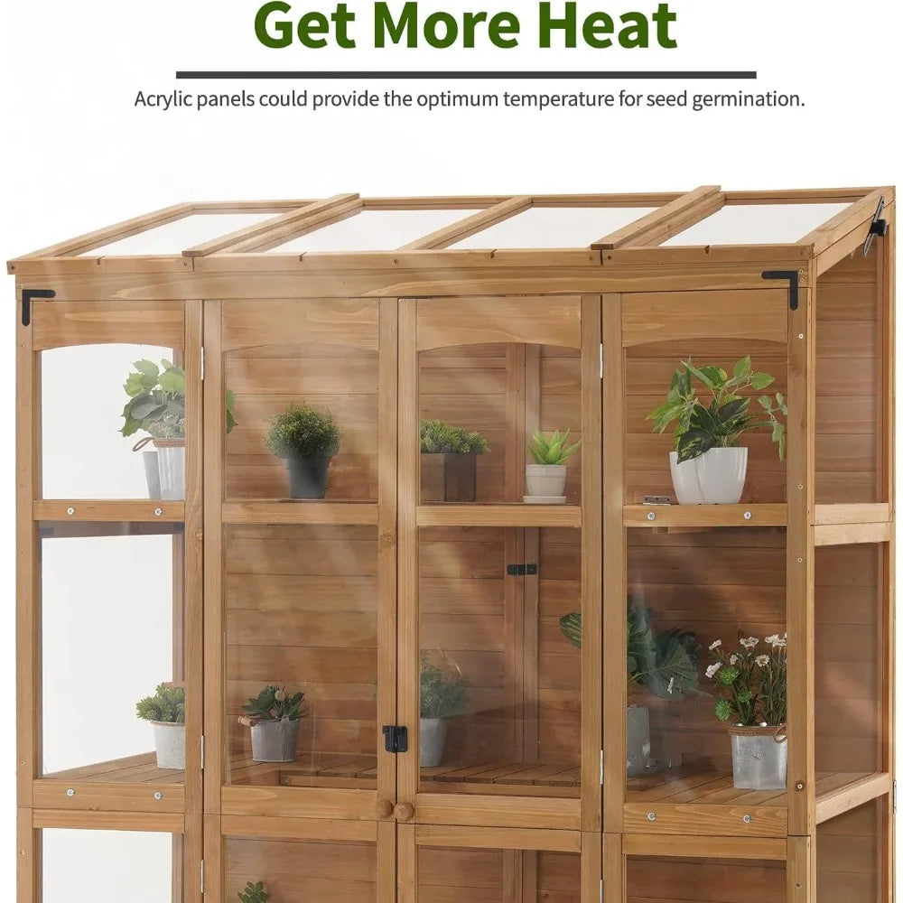 Wooden Greenhouse with Hinged Roof Vent & Adjustable Shelves | Fir Frame with Acrylic Panels | Compact Outdoor Cold Frame for Seed Starting & Plant Storage