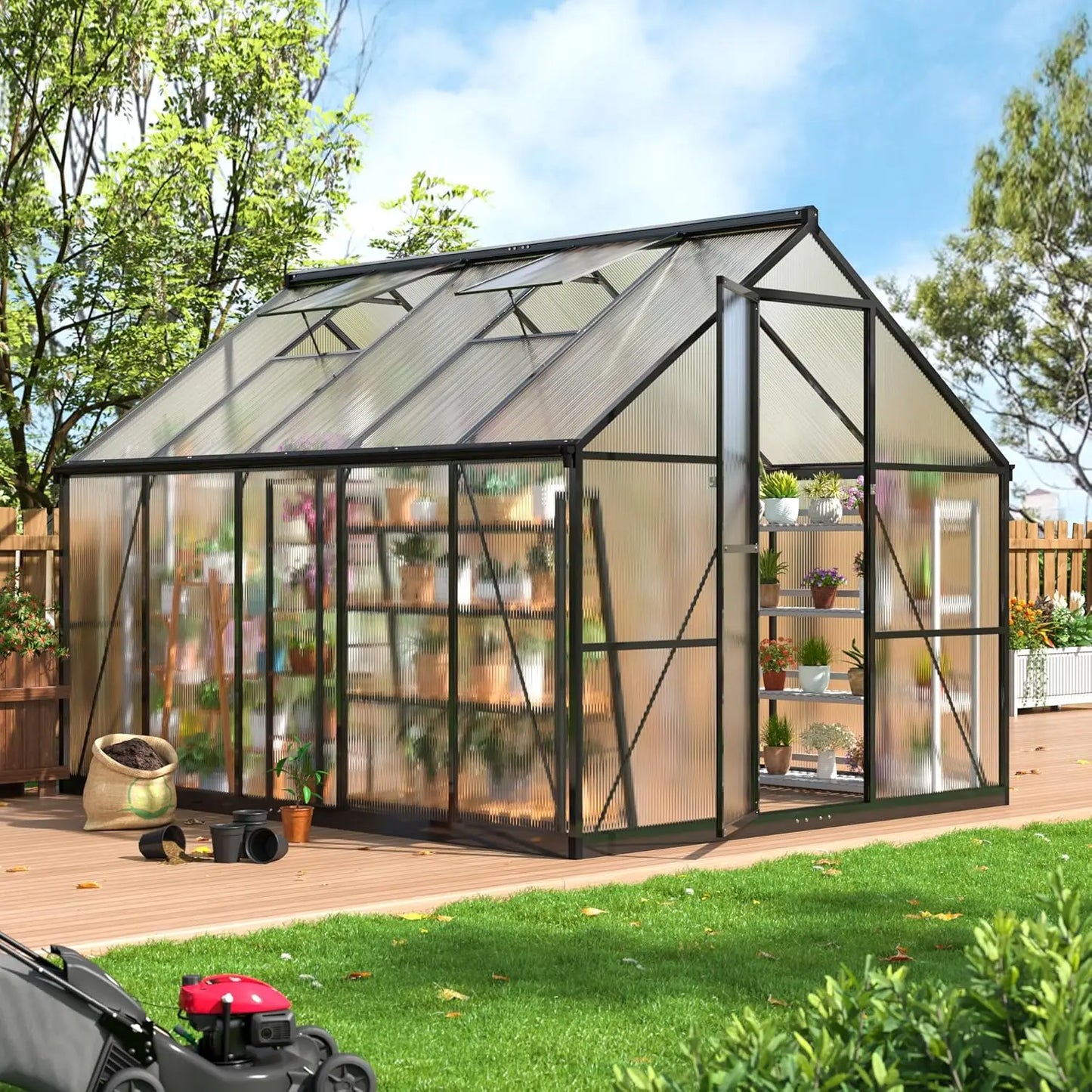 Polycarbonate Greenhouse with Roof Vent | Walk-In Aluminum Frame Structure | Quick Setup | Multiple Sizes