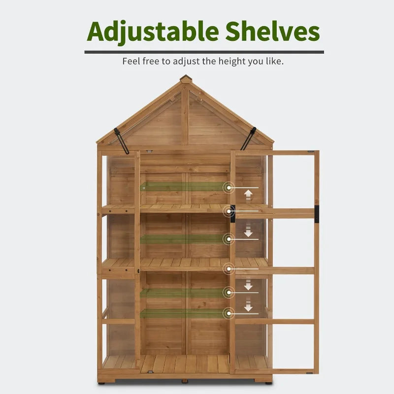 Wooden Greenhouse with Shelves & Hinged Roof | Fir Frame with Acrylic Panels | Outdoor Cold Frame for Seed Starting & Plant Storage