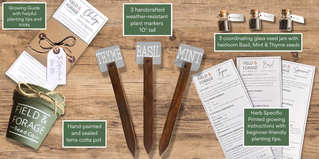 Handcrafted Herb Marker & Seed Gift Set | Rustic Garden Signs with Basil, Mint and Thyme Seeds