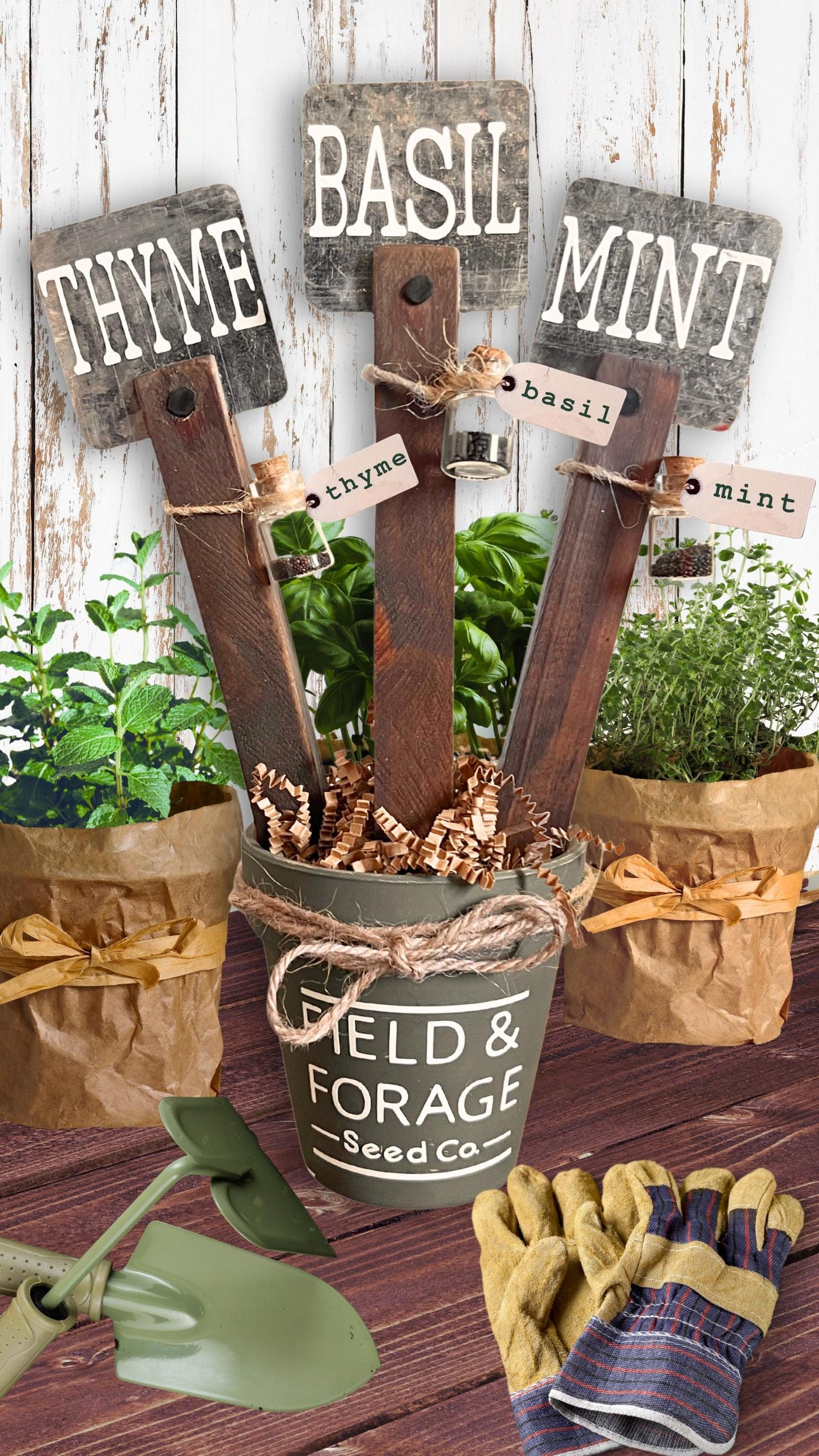 Handcrafted Herb Marker & Seed Gift Set | Rustic Garden Signs with Basil, Mint and Thyme Seeds