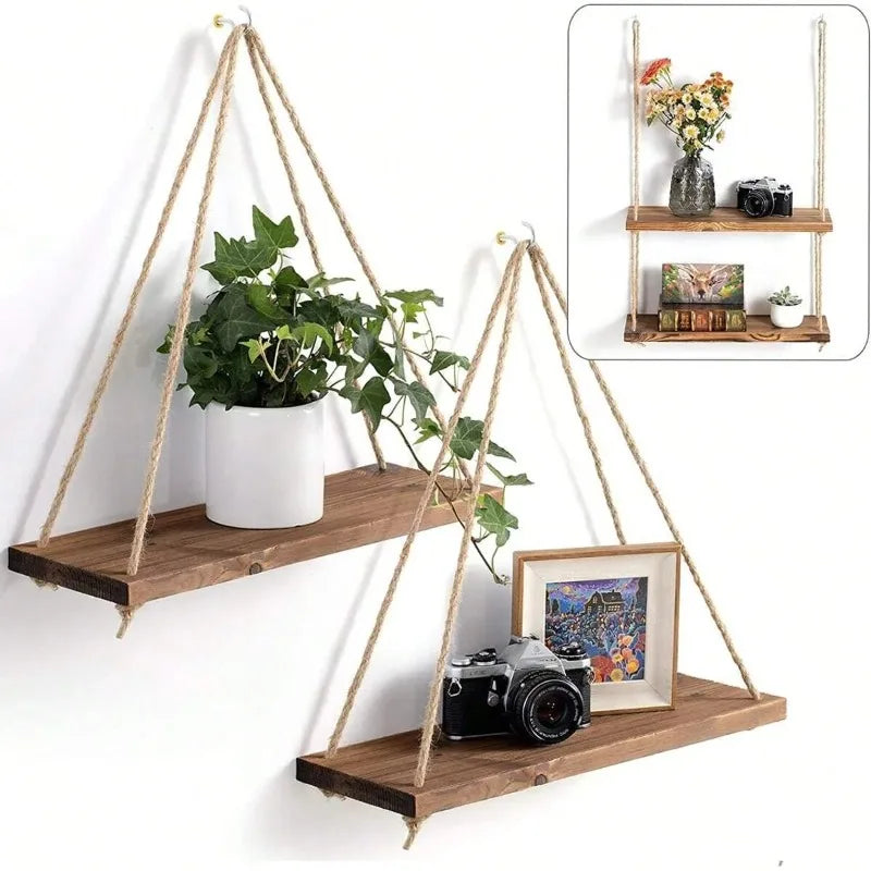 Hanging Wall Shelf with Natural Cotton Rope | Reclaimed Wood Display for Plants, Photos & Decor | 15.8" Adjustable Shelf