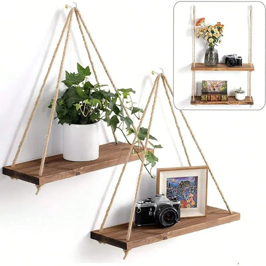 Hanging Wall Shelf with Natural Cotton Rope | Reclaimed Wood Display for Plants, Photos & Decor | 15.8" Adjustable Shelf