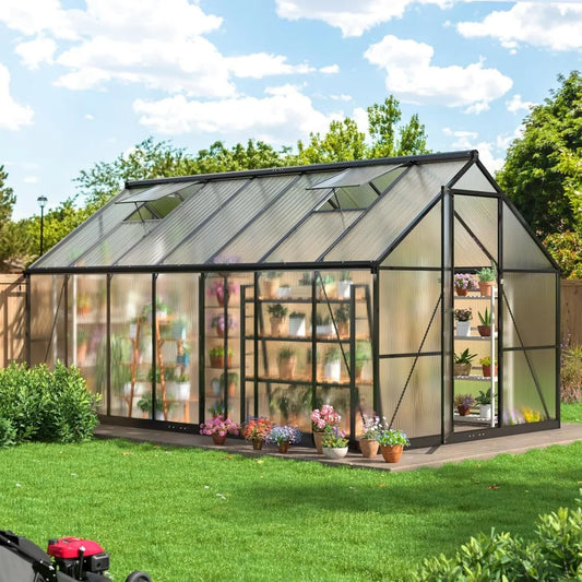 Polycarbonate Greenhouse with Roof Vent | Walk-In Aluminum Frame Structure | Quick Setup | Multiple Sizes