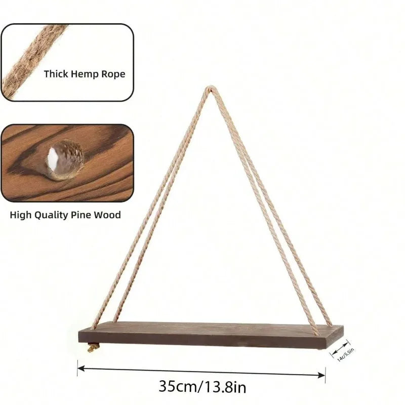 Hanging Wall Shelf with Natural Cotton Rope | Reclaimed Wood Display for Plants, Photos & Decor | 15.8" Adjustable Shelf