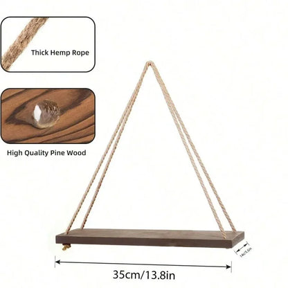 Hanging Wall Shelf with Natural Cotton Rope | Reclaimed Wood Display for Plants, Photos & Decor | 15.8" Adjustable Shelf