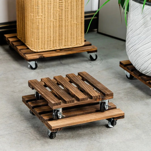 Square Wooden Rolling Plant Stand Tray | Eco-Varnished Solid Wood with Wheels | 25×25 cm or 30×30 cm | Indoor Planter Base