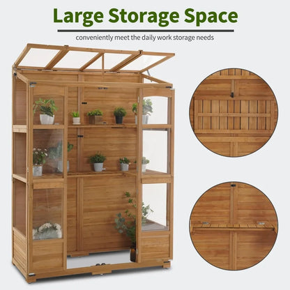Wooden Greenhouse with Hinged Roof Vent & Adjustable Shelves | Fir Frame with Acrylic Panels | Compact Outdoor Cold Frame for Seed Starting & Plant Storage