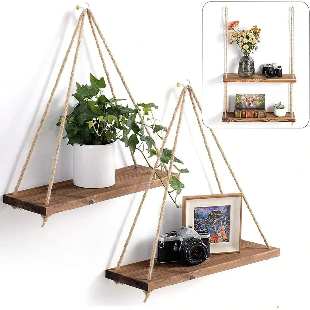 Hanging Wall Shelf with Natural Cotton Rope | Reclaimed Wood Display for Plants, Photos & Decor | 15.8" Adjustable Shelf