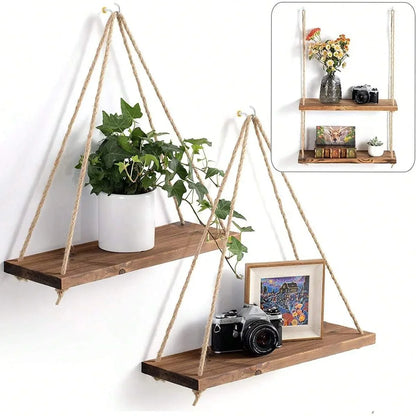 Hanging Wall Shelf with Natural Cotton Rope | Reclaimed Wood Display for Plants, Photos & Decor | 15.8" Adjustable Shelf