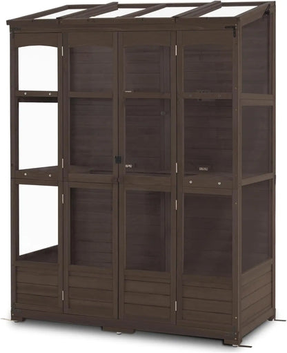 Wooden Greenhouse with Hinged Roof Vent & Adjustable Shelves | Fir Frame with Acrylic Panels | Compact Outdoor Cold Frame for Seed Starting & Plant Storage