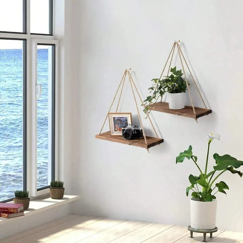 Hanging Wall Shelf with Natural Cotton Rope | Reclaimed Wood Display for Plants, Photos & Decor | 15.8" Adjustable Shelf