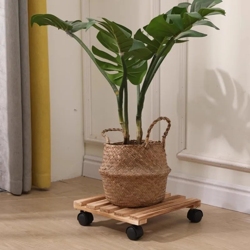 Square Wooden Rolling Plant Stand Tray | Eco-Varnished Solid Wood with Wheels | 25×25 cm or 30×30 cm | Indoor Planter Base