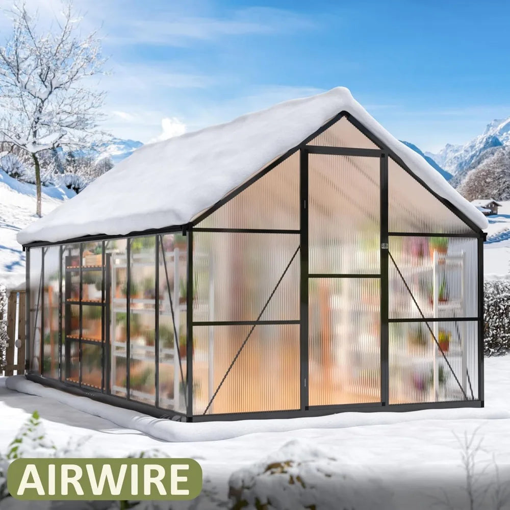 Polycarbonate Greenhouse with Roof Vent | Walk-In Aluminum Frame Structure | Quick Setup | Multiple Sizes
