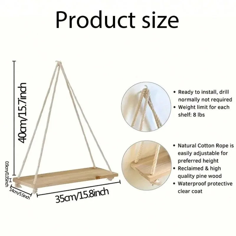 Hanging Wall Shelf with Natural Cotton Rope | Reclaimed Wood Display for Plants, Photos & Decor | 15.8" Adjustable Shelf