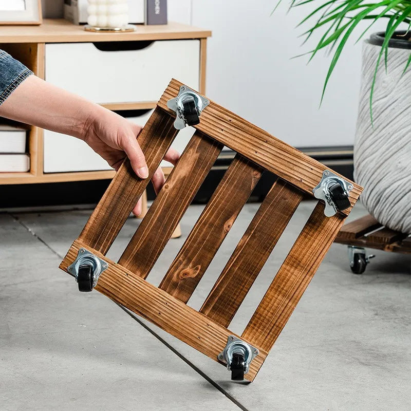 Square Wooden Rolling Plant Stand Tray | Eco-Varnished Solid Wood with Wheels | 25×25 cm or 30×30 cm | Indoor Planter Base