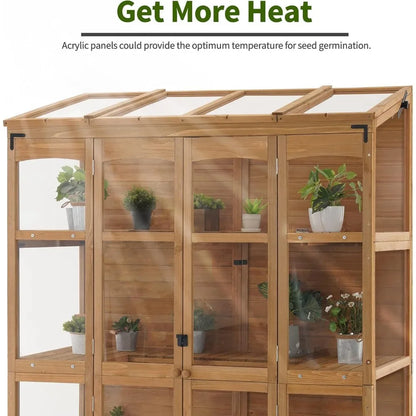 Wooden Greenhouse with Hinged Roof Vent & Adjustable Shelves | Fir Frame with Acrylic Panels | Compact Outdoor Cold Frame for Seed Starting & Plant Storage