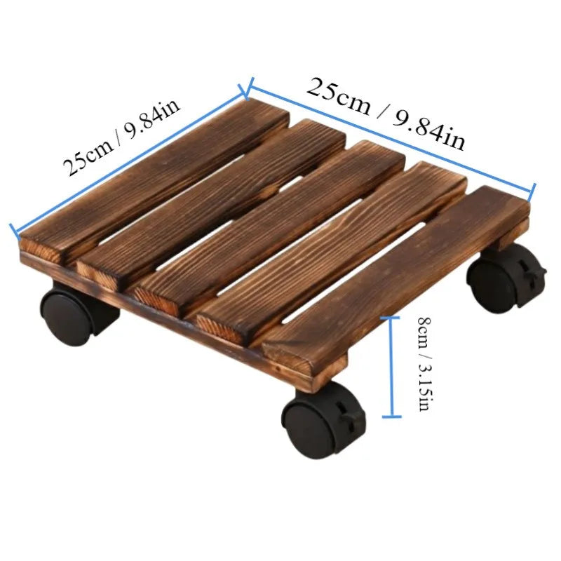 Square Wooden Rolling Plant Stand Tray | Eco-Varnished Solid Wood with Wheels | 25×25 cm or 30×30 cm | Indoor Planter Base