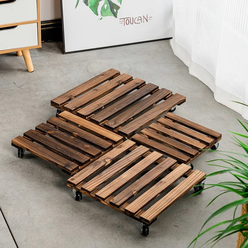 Square Wooden Rolling Plant Stand Tray | Eco-Varnished Solid Wood with Wheels | 25×25 cm or 30×30 cm | Indoor Planter Base