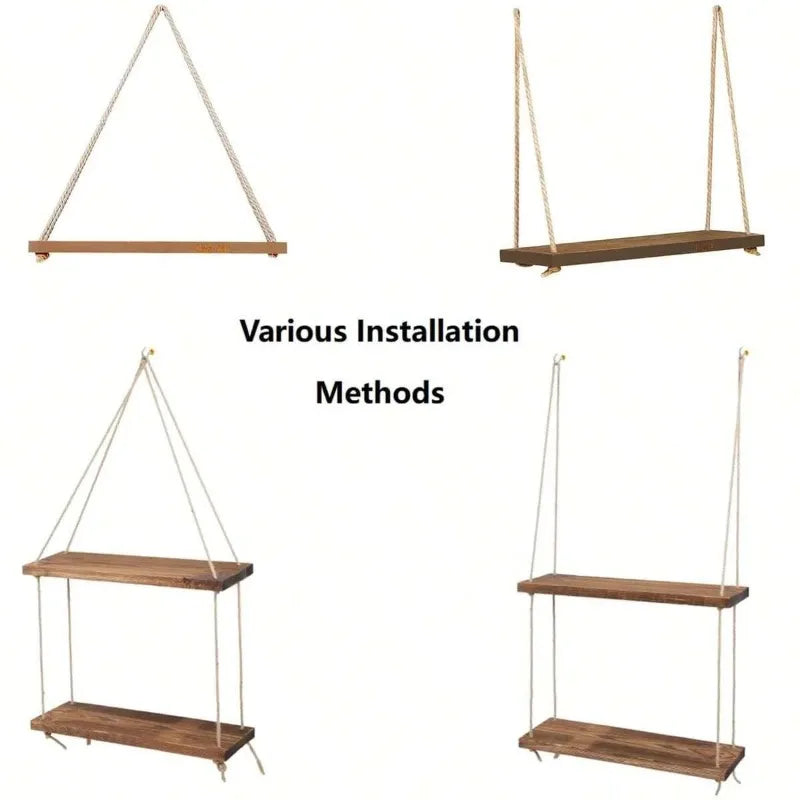 Hanging Wall Shelf with Natural Cotton Rope | Reclaimed Wood Display for Plants, Photos & Decor | 15.8" Adjustable Shelf