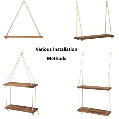 Hanging Wall Shelf with Natural Cotton Rope | Reclaimed Wood Display for Plants, Photos & Decor | 15.8" Adjustable Shelf