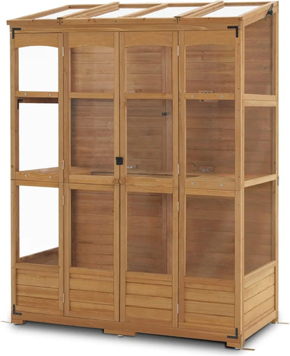 Wooden Greenhouse with Hinged Roof Vent & Adjustable Shelves | Fir Frame with Acrylic Panels | Compact Outdoor Cold Frame for Seed Starting & Plant Storage