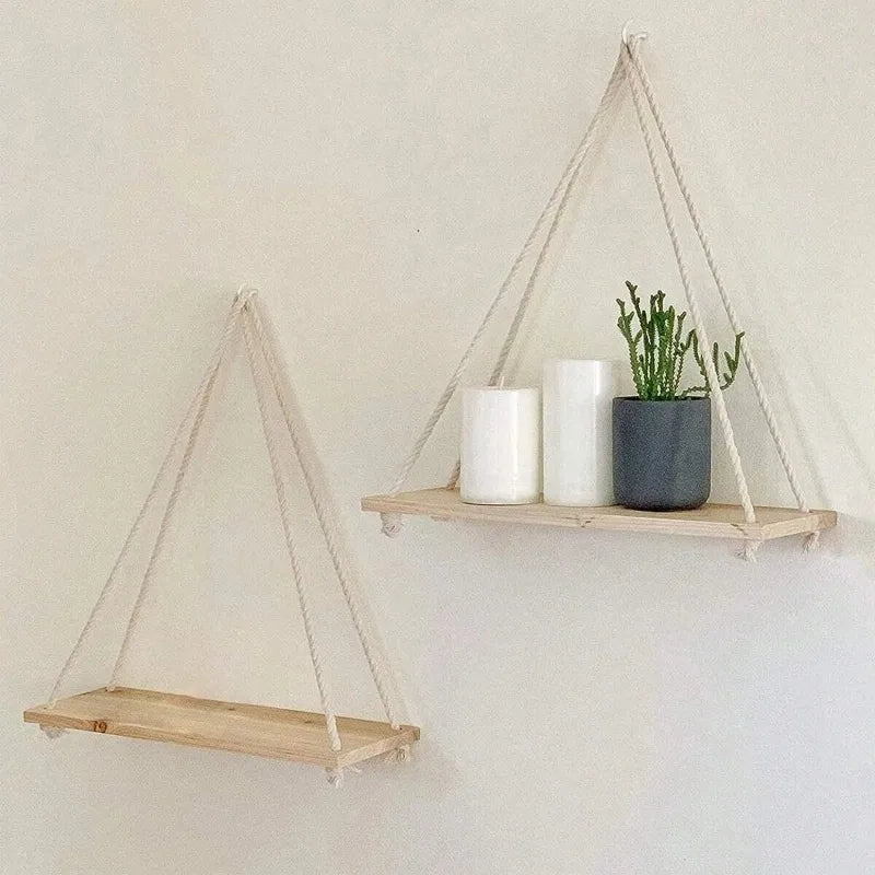 Hanging Wall Shelf with Natural Cotton Rope | Reclaimed Wood Display for Plants, Photos & Decor | 15.8" Adjustable Shelf