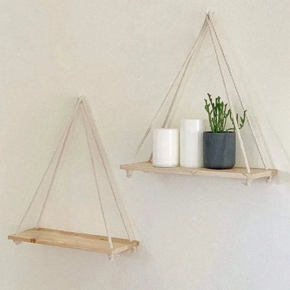 Hanging Wall Shelf with Natural Cotton Rope | Reclaimed Wood Display for Plants, Photos & Decor | 15.8" Adjustable Shelf