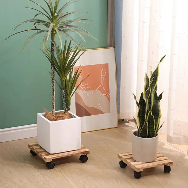 Square Wooden Rolling Plant Stand Tray | Eco-Varnished Solid Wood with Wheels | 25×25 cm or 30×30 cm | Indoor Planter Base