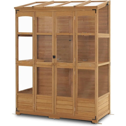 Wooden Greenhouse with Hinged Roof Vent & Adjustable Shelves | Fir Frame with Acrylic Panels | Compact Outdoor Cold Frame for Seed Starting & Plant Storage