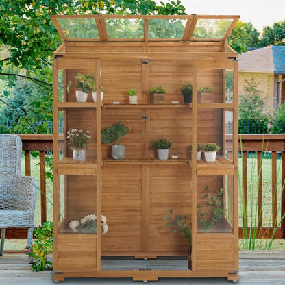 Wooden Greenhouse with Hinged Roof Vent & Adjustable Shelves | Fir Frame with Acrylic Panels | Compact Outdoor Cold Frame for Seed Starting & Plant Storage