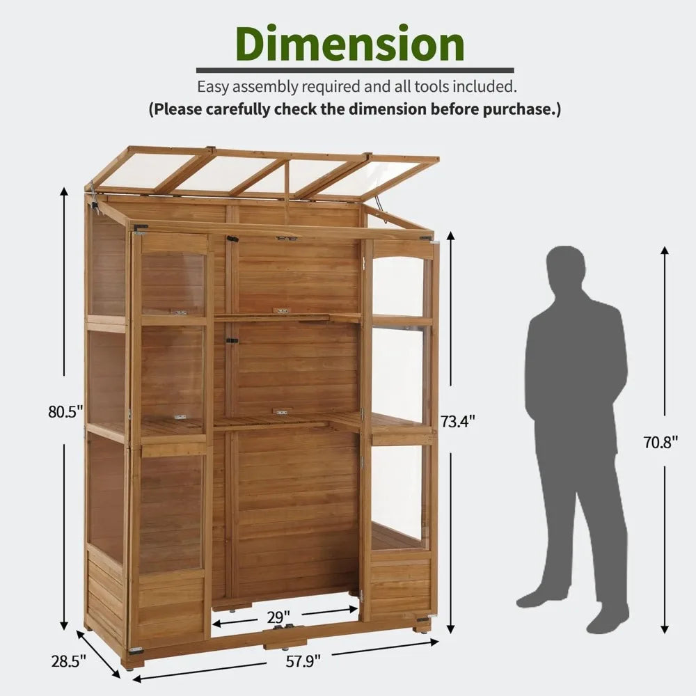 Wooden Greenhouse with Hinged Roof Vent & Adjustable Shelves | Fir Frame with Acrylic Panels | Compact Outdoor Cold Frame for Seed Starting & Plant Storage